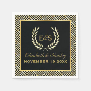 Black, gold Greek key and laurel wreath wedding Napkin