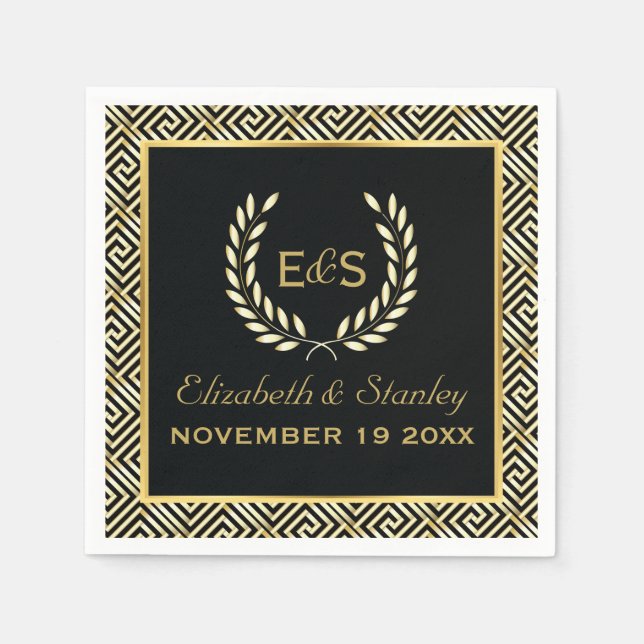 Black, gold Greek key and laurel wreath wedding Napkin (Front)