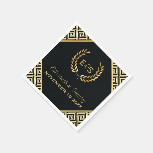 Black, gold Greek key and laurel wreath wedding Napkin (Corner)