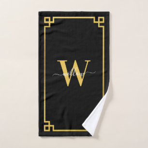 Black & Gold Greek Key Monogrammed  Bath Towel Set