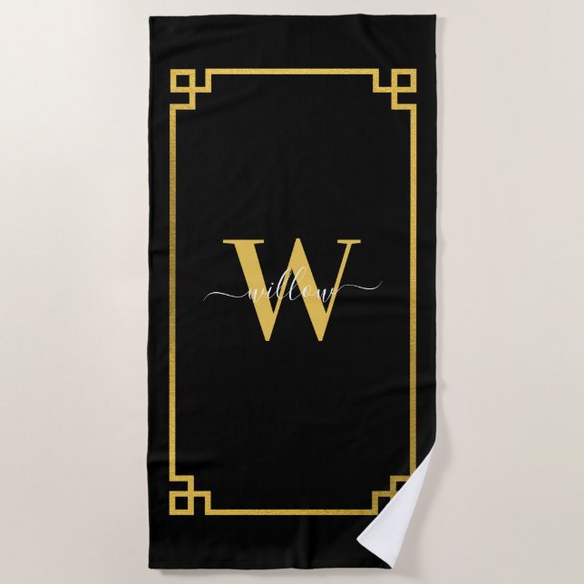 Black & Gold Greek Key Monogrammed Beach Towel (Front)