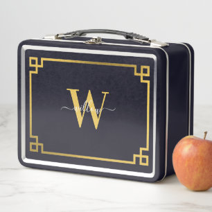 Black & Gold Greek Key Monogrammed  Metal Lunch Box