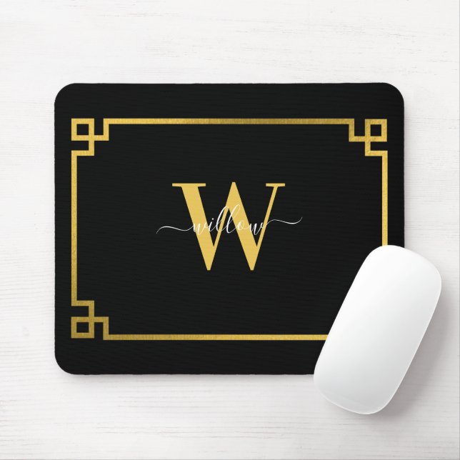 Black & Gold Greek Key Monogrammed  Mouse Mat (With Mouse)