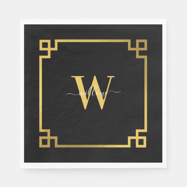 Black & Gold Greek Key Monogrammed  Napkin (Front)