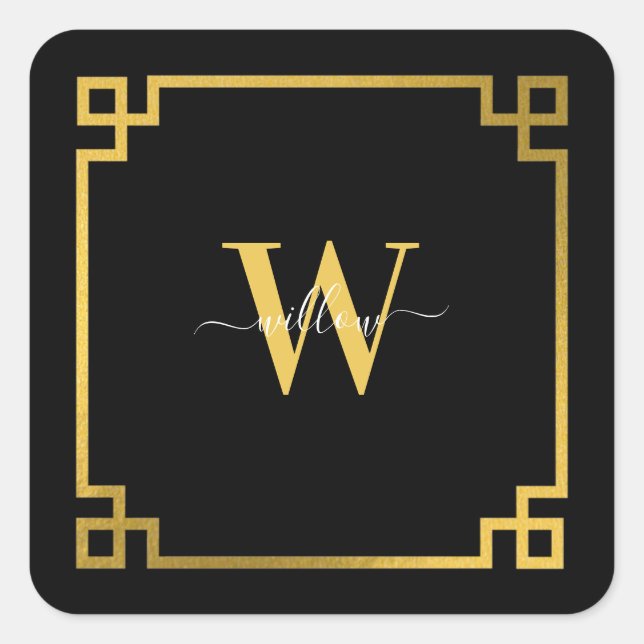Black & Gold Greek Key Monogrammed Square Sticker (Front)