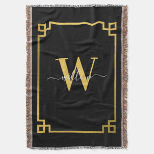 Black & Gold Greek Key Monogrammed Throw Blanket