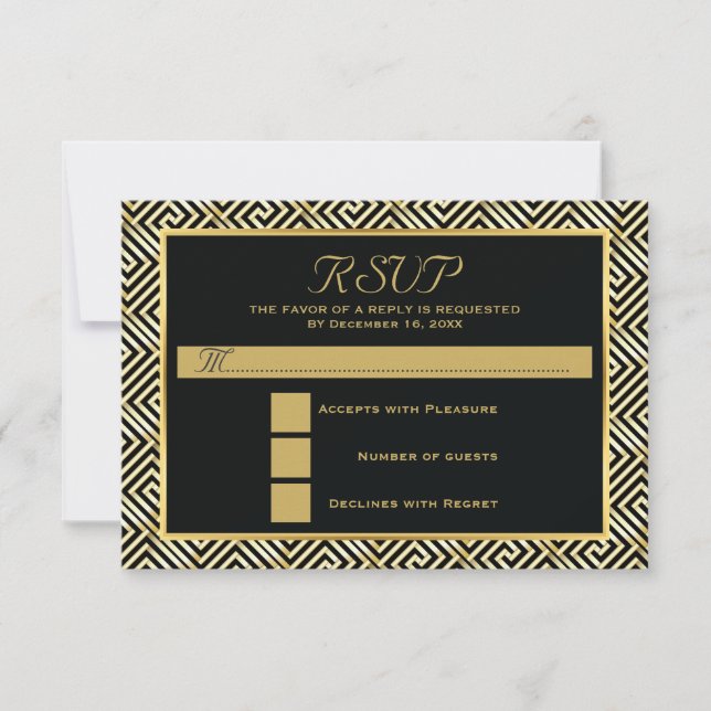 Black, gold Greek key wedding RSVP reply (Front)