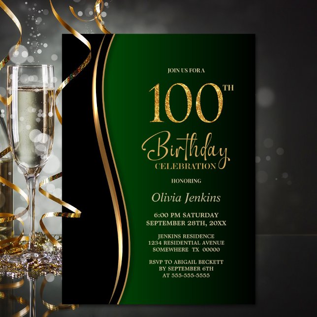 Black Gold Green 100th Birthday Party Invitation (Creator Uploaded)