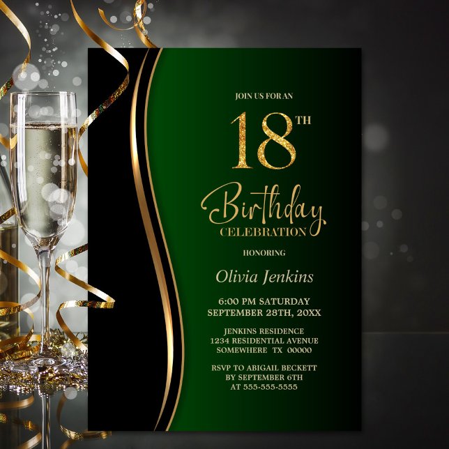 Black Gold Green 18th Birthday Party Invitation (Creator Uploaded)