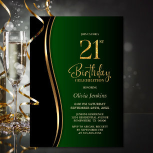 Black Gold Green 21st Birthday Party Invitation