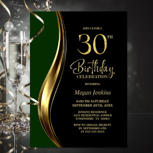 Black Gold Green 30th Birthday Party Invitation