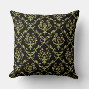 Black, Gold & Green Glitter Floral Damasks Cushion