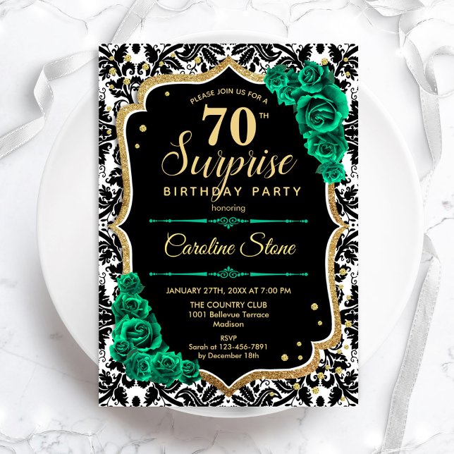 Black Gold Green Roses Surprise 70th Birthday Invitation (Creator Uploaded)
