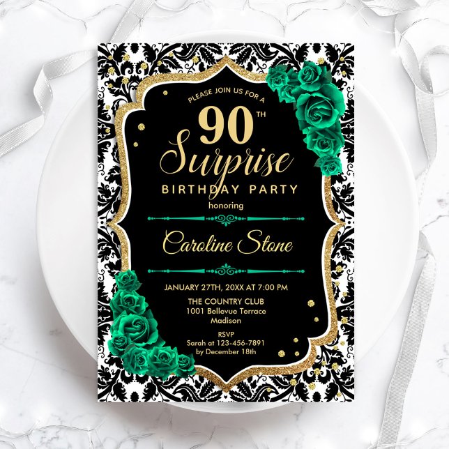Black Gold Green Roses Surprise 90th Birthday Invitation (Creator Uploaded)