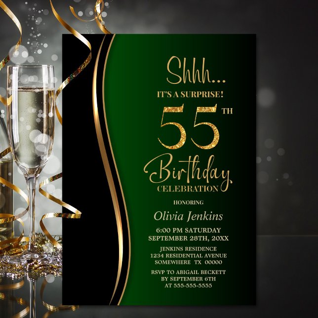 Black Gold Green Surprise 55th Birthday Invitation (Creator Uploaded)