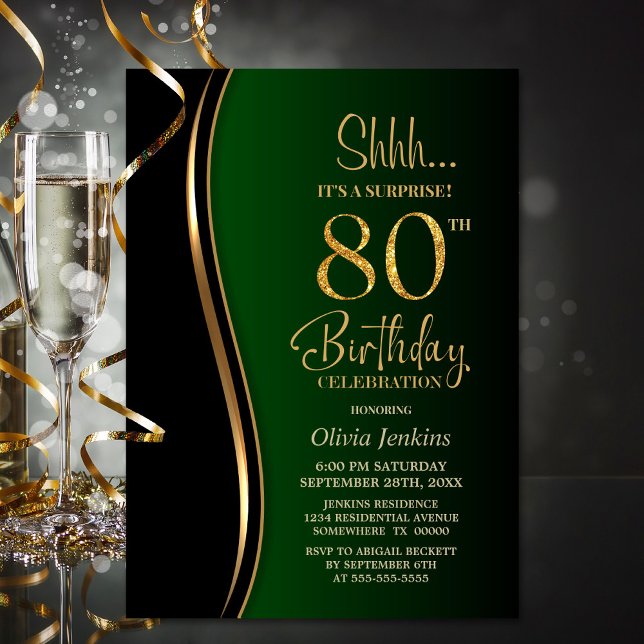 Black Gold Green Surprise 80th Birthday Invitation (Creator Uploaded)