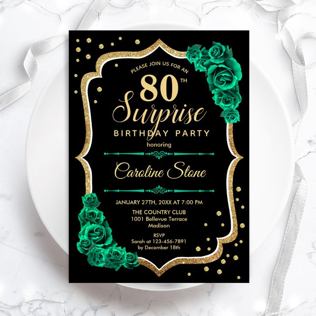 Black Gold Green Surprise 80th Birthday Invitation (Creator Uploaded)