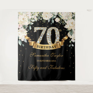 Black Gold Greenery Floral 70th birthday backdrop Tapestry
