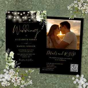 Black Gold Greenery Lights QR Code Photo Wedding Invitation