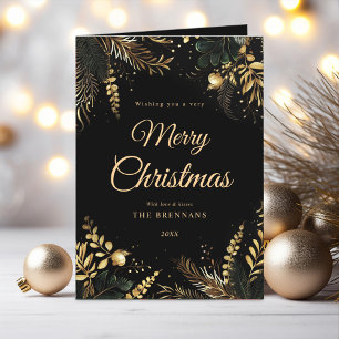 Black Gold Greenery Modern Elegant Christmas Holiday Card