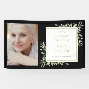 Black Gold Greenery Photo Funeral Memorial Service Banner