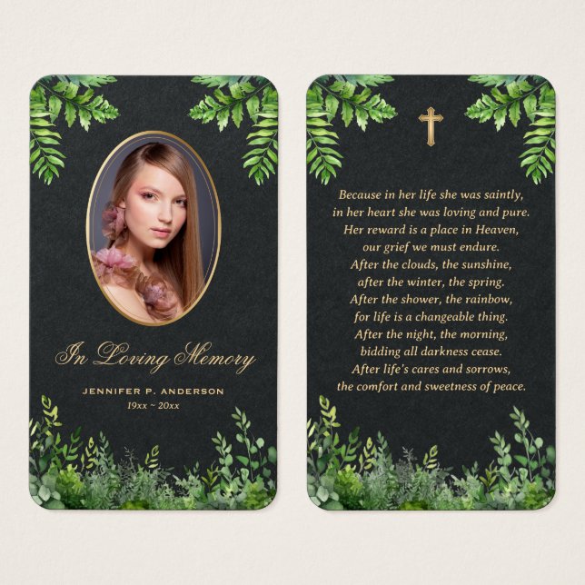 Black Gold Greenery Photo Memorial Prayer Cards (Front & Back)