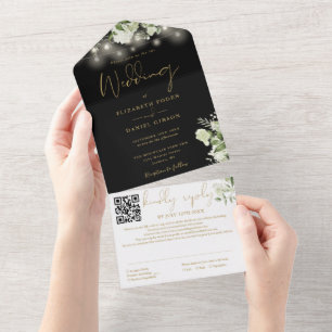 Black Gold Greenery String Lights QR Code Wedding All In One Invitation