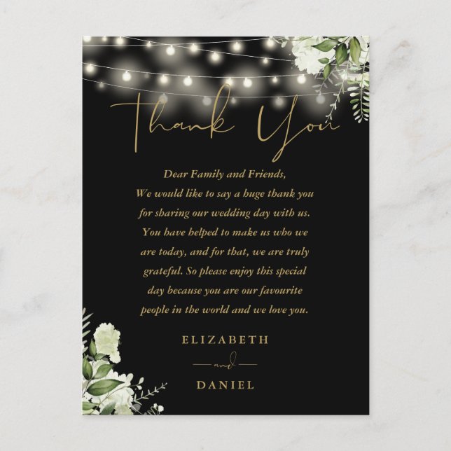 Black Gold Greenery Thank You Wedding Place Card (Front)
