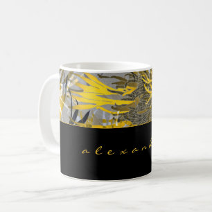 Black Gold & Grey Abstract Floral   Name   Script Coffee Mug