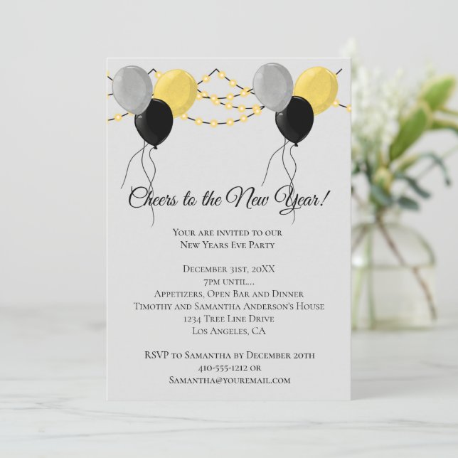 Black Gold Grey Balloon Lights New Years Eve Party Holiday Card (Standing Front)