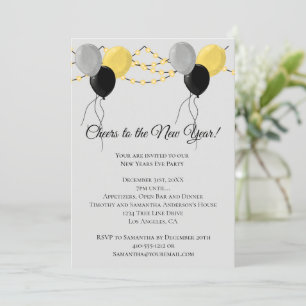 Black Gold Grey Balloon Lights New Years Eve Party Holiday Card