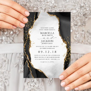 Black, Gold & Grey Mist Agate Wedding Invitation