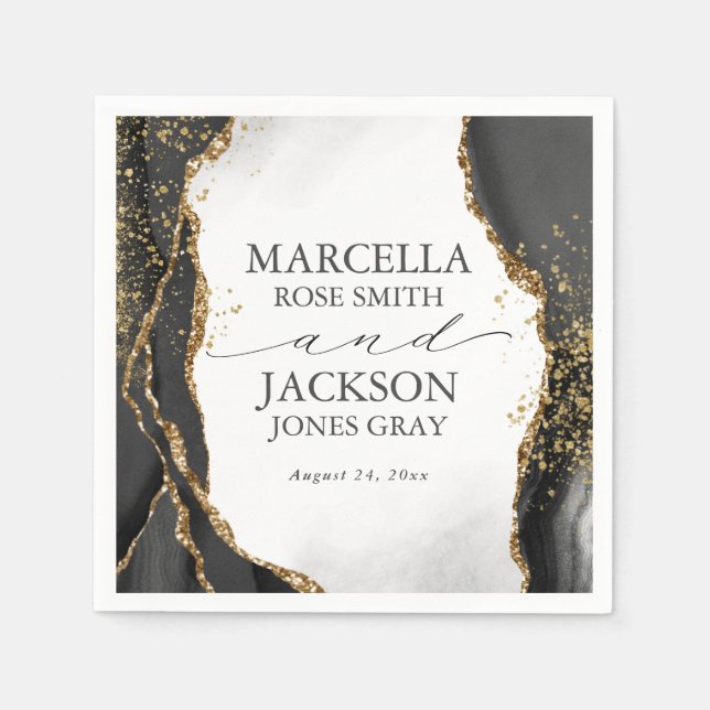 Black, Gold & Grey Mist Agate Wedding Invitation Napkin (Front)
