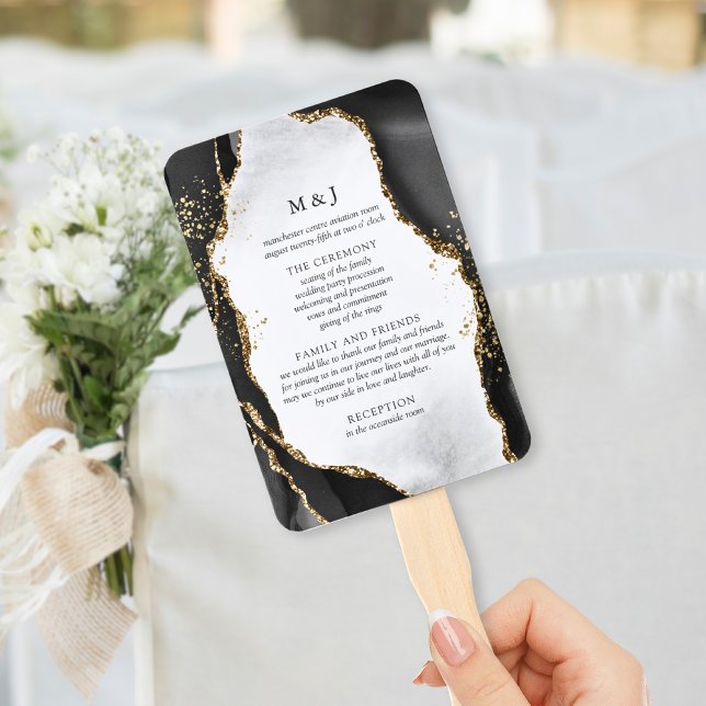 Black, Gold & Grey Mist Agate Wedding Program Hand Fan (Creator Uploaded)