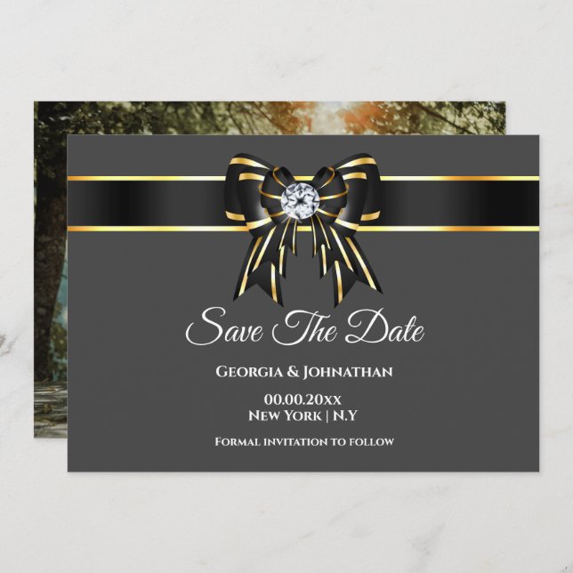Black gold grey satin bow diamond with photo save the date (Front/Back)