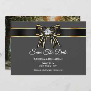 Black gold grey satin bow diamond with photo save the date