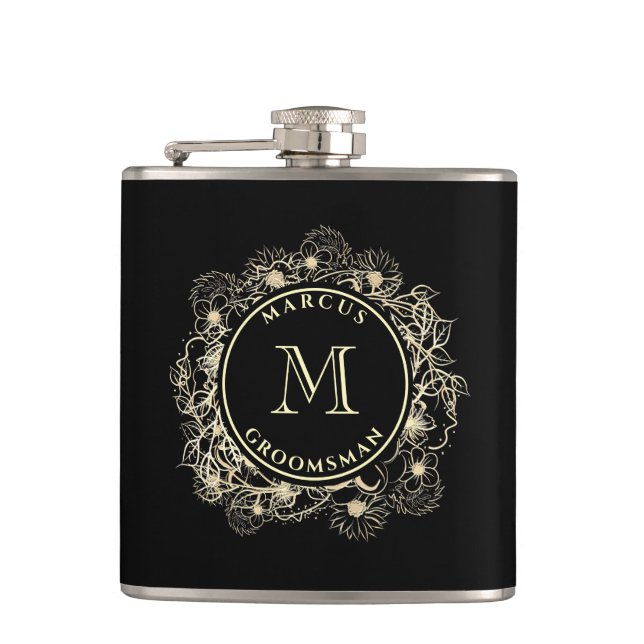 Black Gold Groomsman Monogram Flask (Front)