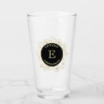 Black Gold Groomsman Pint Glass Gift<br><div class="desc">Raise a toast in style with this custom groomsman pint glass,  featuring a black and gold floral crest and personalised monogram. A classy,  practical gift your wedding party will actually use and cherish.
Want help editing names or titles? I’m just an email away: bpkolman@gmail.com</div>
