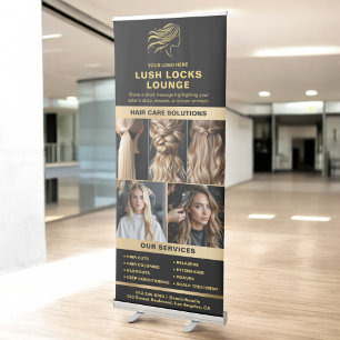 Black Gold Hair Salon Services Photo Collage Logo Retractable Banner