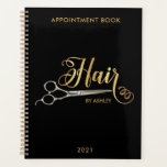 Black & Gold  Hairstylist Salon Name Planner<br><div class="desc">Black & Gold Hairstylist Salon Name Black Appointment book . Design Features Calligraphy ''Hair'' in gold colour ,  pair of silver hairdressers scissors on a black background. Personalise with a name or salon name.</div>