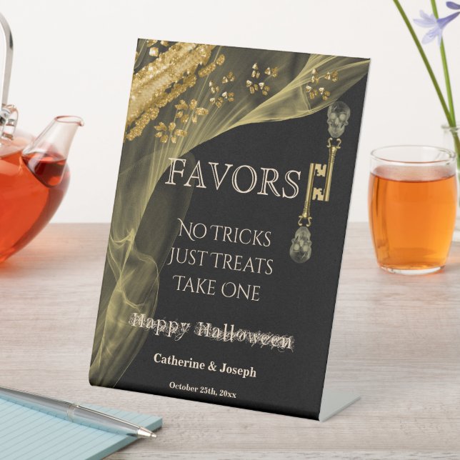 Black & Gold Halloween Wedding Skeleton Favours Pedestal Sign (In SItu)