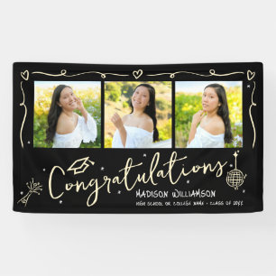Black Gold Hand Drawn Doodles Graduation 3 Photo Banner