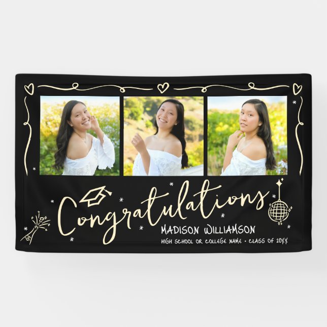 Black Gold Hand Drawn Doodles Graduation 3 Photo Banner (Horizontal)