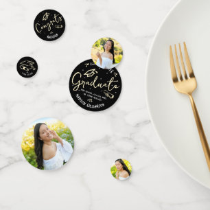 Black Gold Hand Drawn Doodles Graduation 3 Photo Confetti