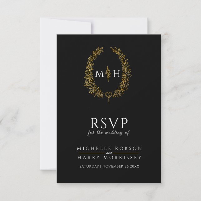 Black gold hand drawn leaf monogram RSVP wedding Card (Front)