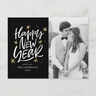 Black & Gold Hand-Lettered Happy New Year Photo Holiday Postcard