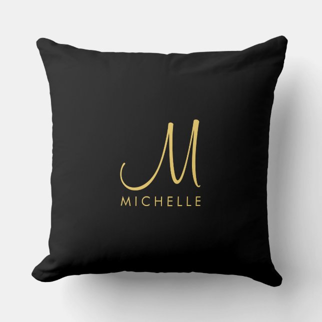 Black & Gold Handwritten Monogram Name Template Cushion (Front)