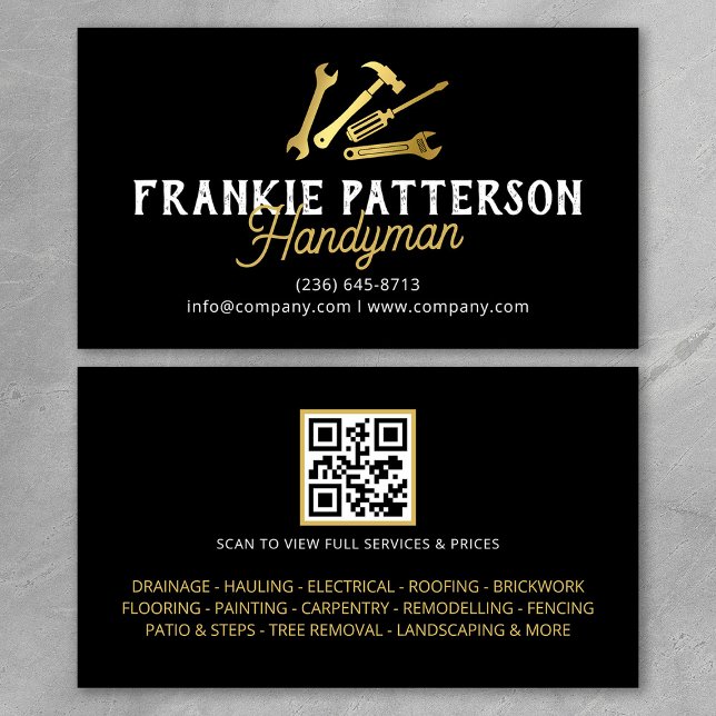Black Gold Handyman Repair & Maintenance QR Code Business Card (Creator Uploaded)