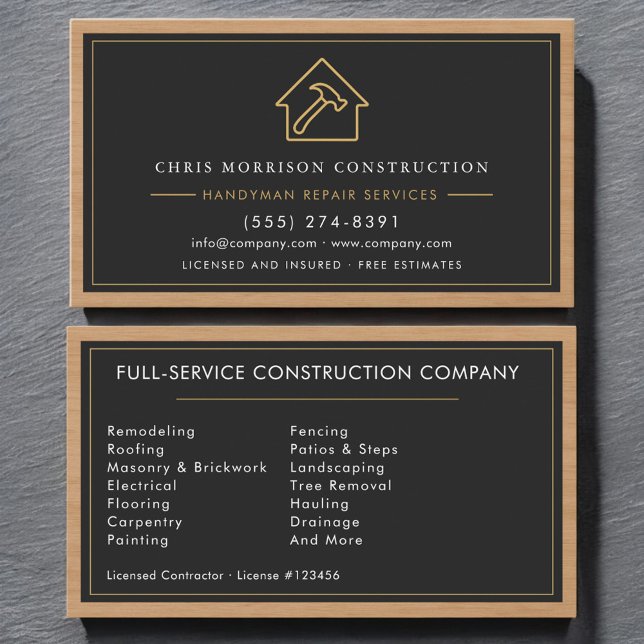 Black Gold Handyman Wood Construction  Business Card (Creator Uploaded)