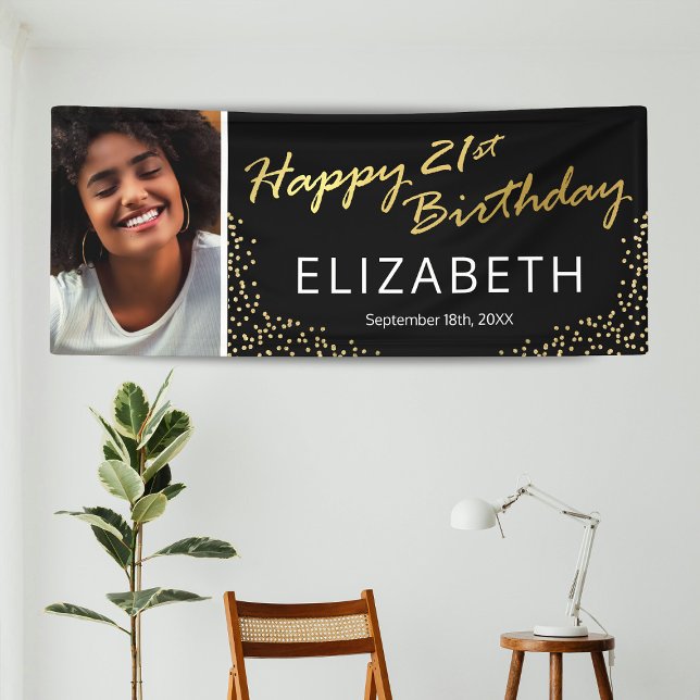 Black Gold Happy 21st Birthday Photo Banner (Creator Uploaded)